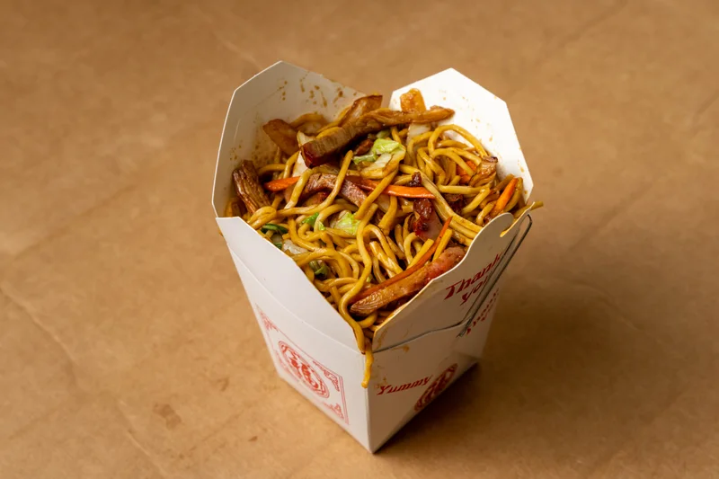 Roast Pork or Chicken Lo Mein — soft egg noodles tossed with shredded meat and vegetables
